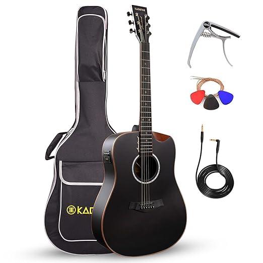 Kadence Slowhand Premium Jumbo Semi Acoustic Guitar with Heavy Padded Bag, guitar cable, Pro Capo (Black Spruce Wood) 1
