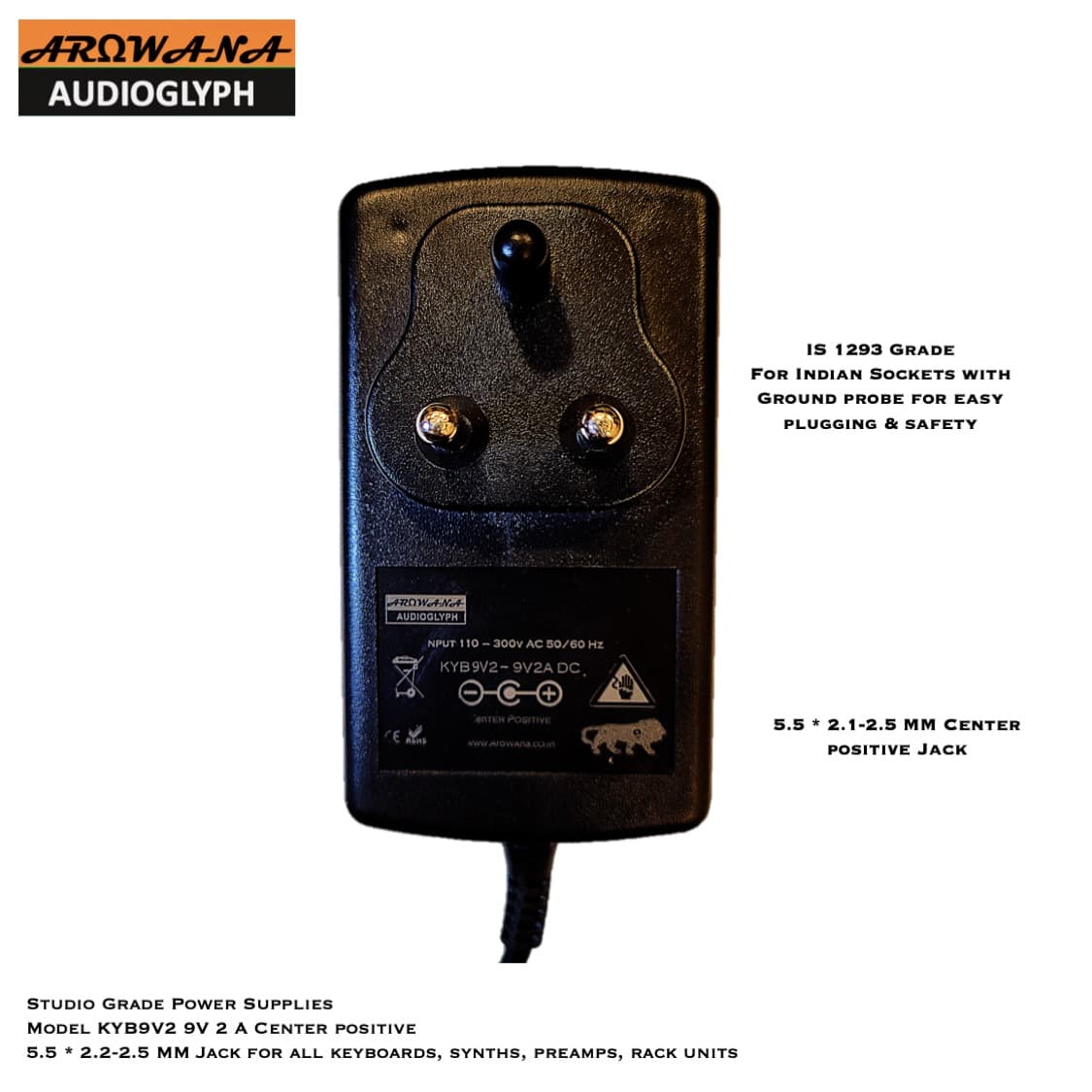 KYB9V2 Studio Grade Center Positive 9V 2A Power Supply for Keboards, Synthesizers & Preamps