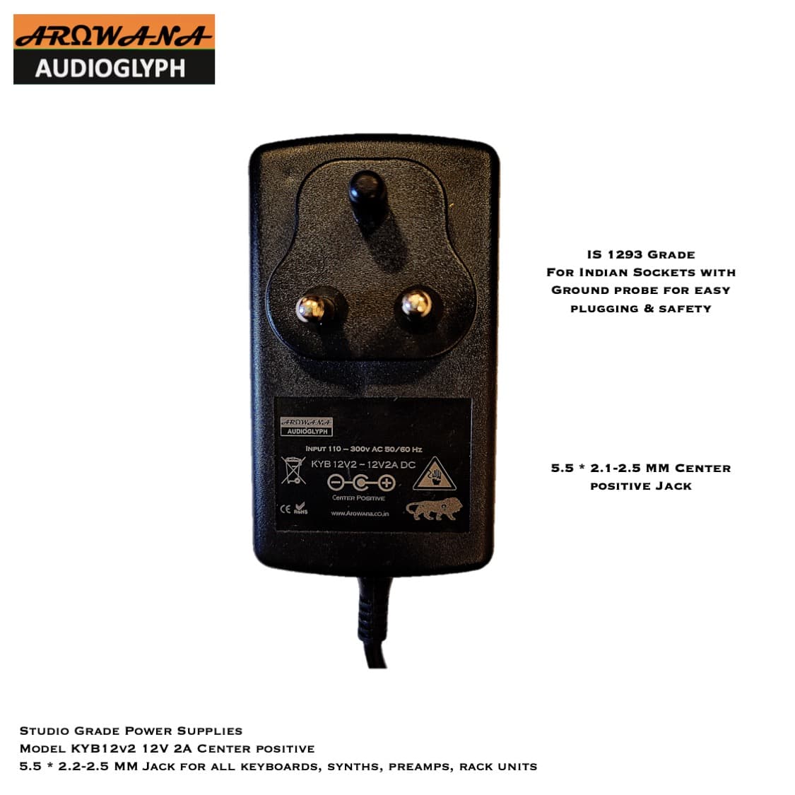 Arowana Audioglyph KYB12V2 Studio Grade Center Positive 12V 2A Power Supply for Yamaha Keyboards & Drums PA-150