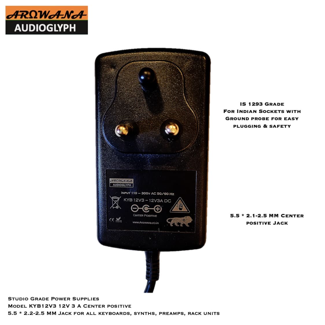 KYB12V3 Studio Grade 12V 3 Amp Center Positive Power supply for keyboards, synths, preamps & audio gear