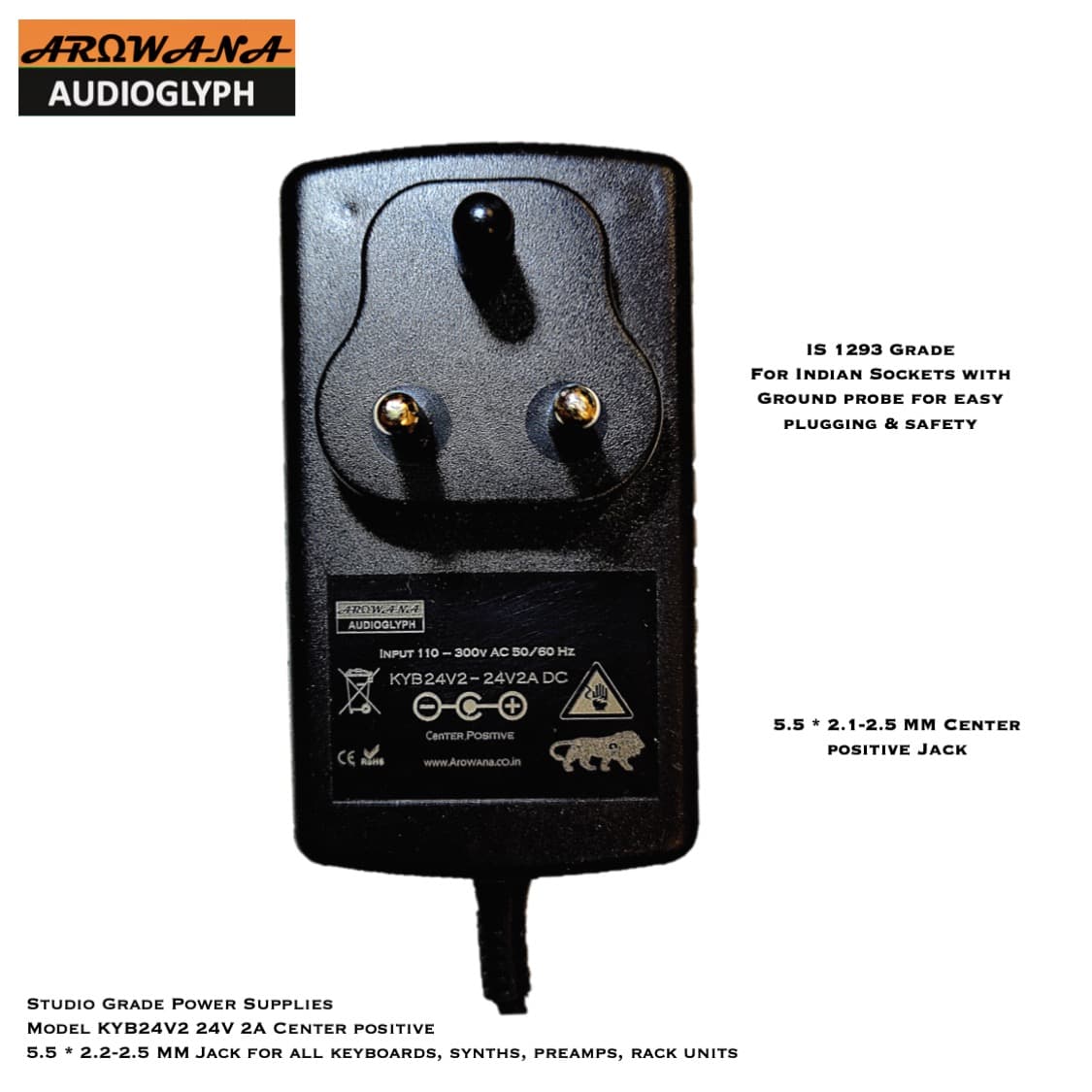 KYB24V2 Studio Grade Center 24V 2 Amp Center Positive Power Supply for Keyboards, Digital Piano, Synths, Preamps & Audio