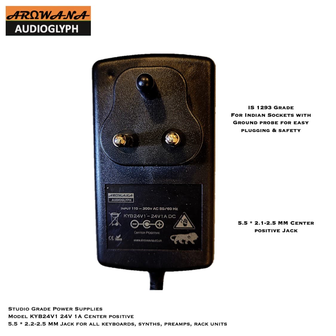 KYB24V1 Studio Grade 24V 1 Amp Center Positive Power Supply for Keyboards, Synths, Digital Pianos, Preamps & Audio Gear