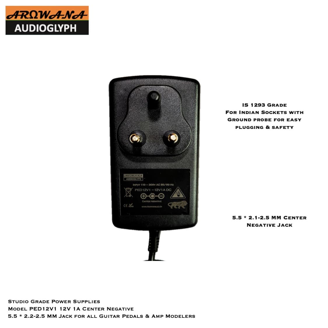 PED12V1 Studio Grade Center Negative 12V 1 Amp power supply for Amp Sims, Guitar Processors Pedals & Pre Amp