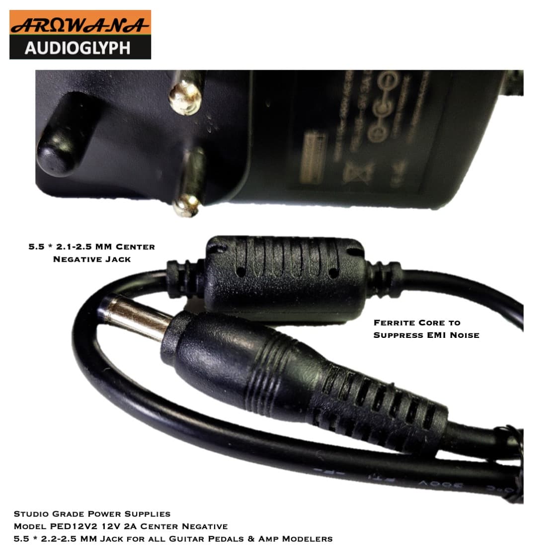 PED12V2 Studio Grade 12V 2 Amp Center Negative Power Supply for guitar processors, pedals. preamps& audio